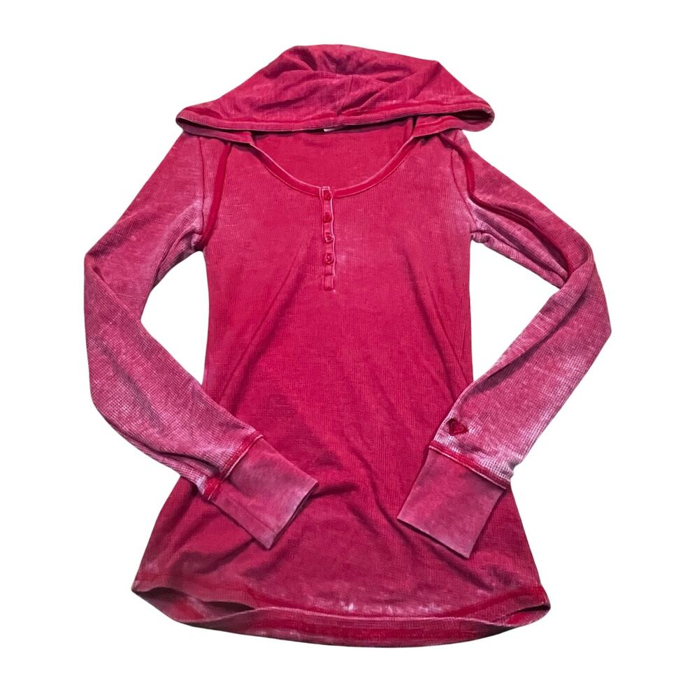 Roxy Hooded Top Womens M Pink Waffle Knit Henley Long Sleeve Faded Surf